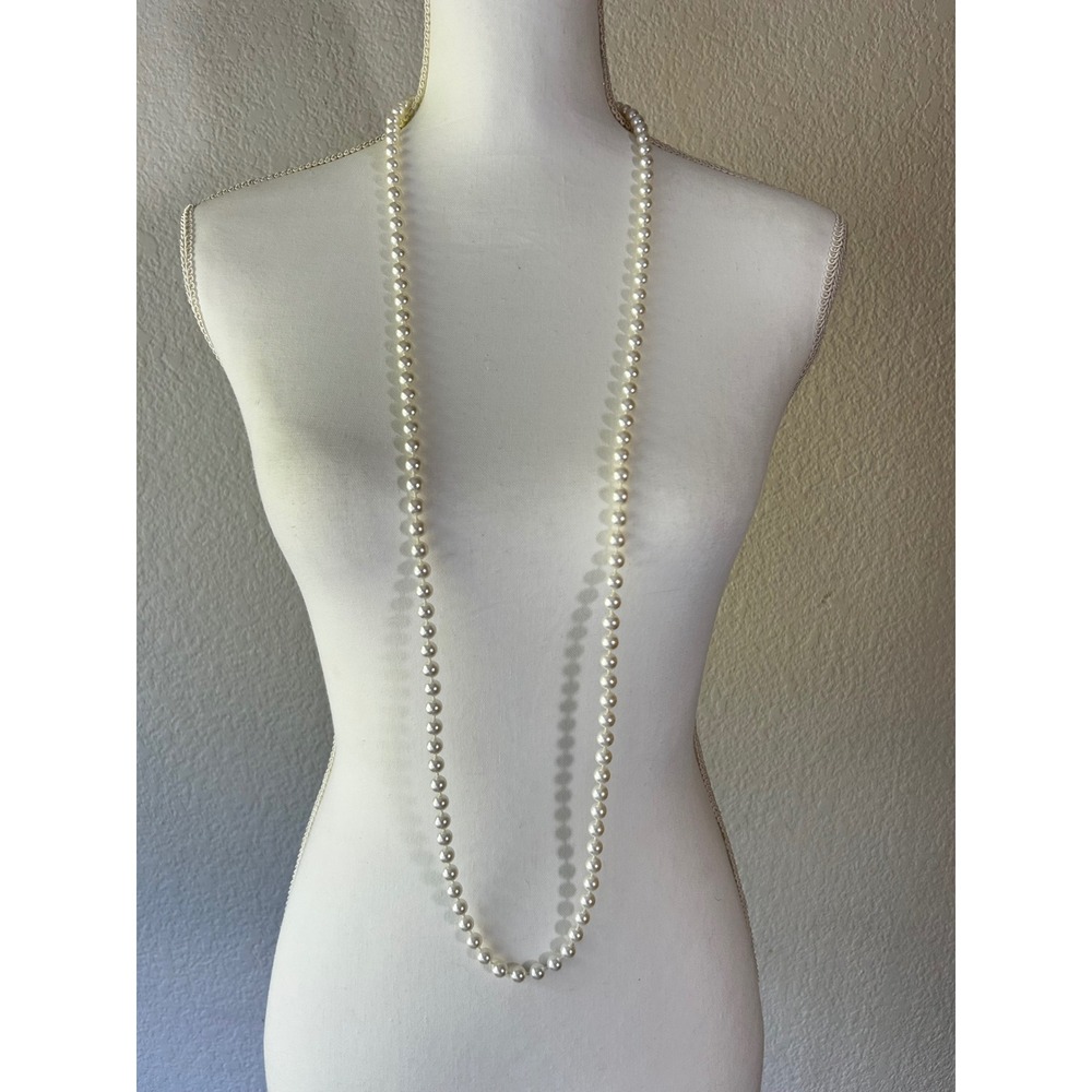 Vintage White Faux Pearl Long Strand Opera Necklace 46 Inch Layering Jewelry
